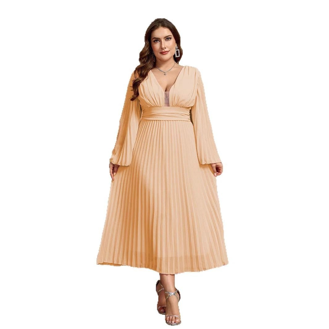 Plus Size Dress Women's V-neck Long Sleeve
