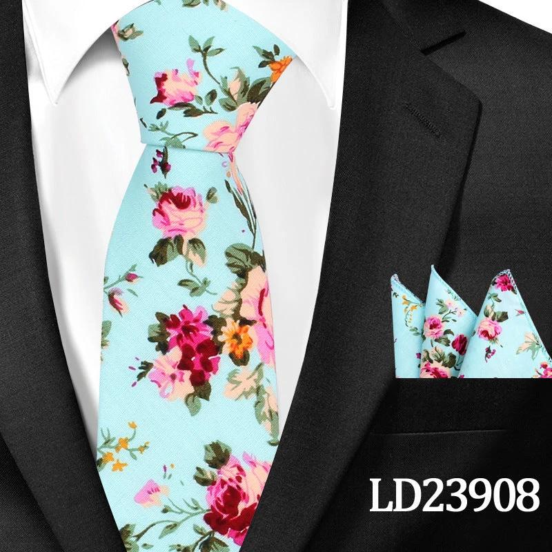 Men's Casual Cotton Floral Print 6cm Tie and Pocket Square