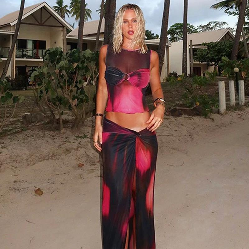 Women's Sleeveless Printed Mesh Half-length Long Dress Suit