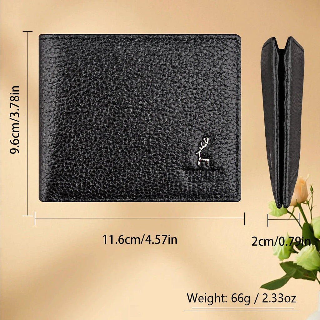 Black Men's Genuine Leather Wallet Cowhide Short Bifold