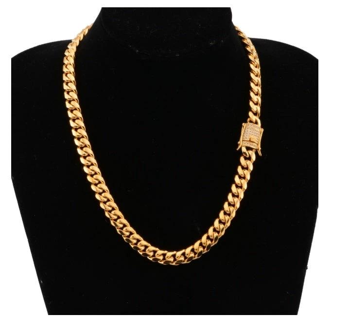 8-18mm Wide Stainless Steel Cuban Chain CZ Zircon Box Lock Necklace