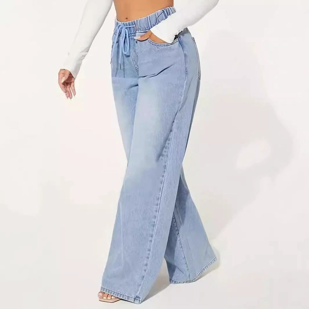 High Waist Drawstring Loose Wide Leg Light Blue Jeans