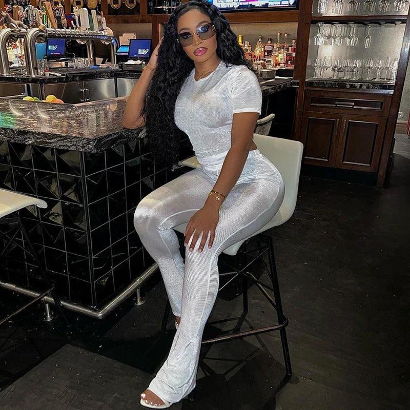 Cross-border European And American Foreign Trade 2024 Fall Women's Clothing New Slim Fit Figure Flattering Short Sleeve Top High Waist Casual Trousers Suit