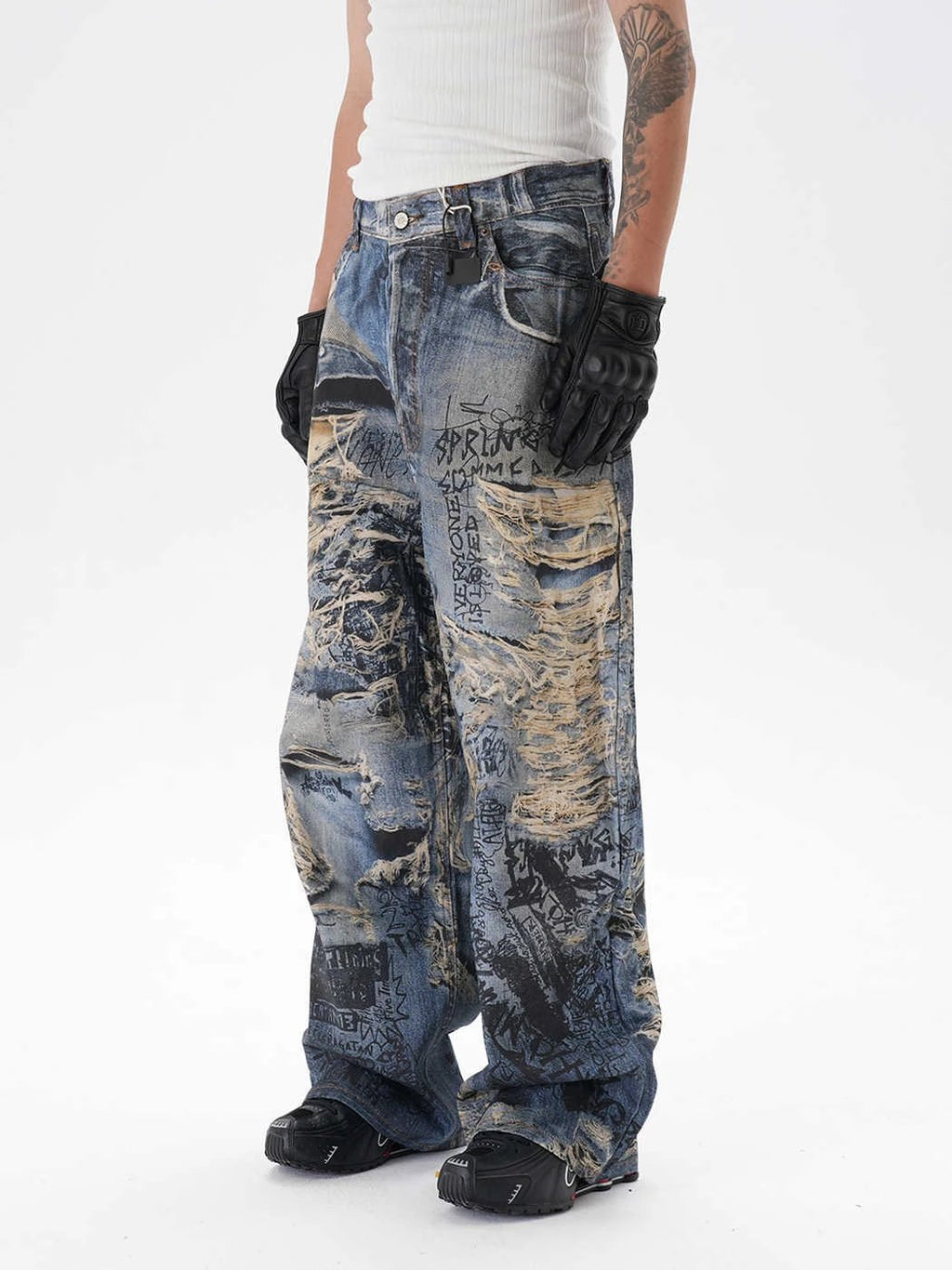 Men's Ripped Graffiti Straight Jeans