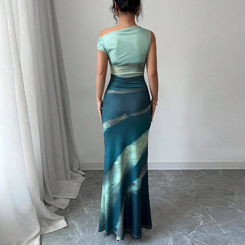 European And American Contrast Color Slim Fit Dress Slant Shoulder
