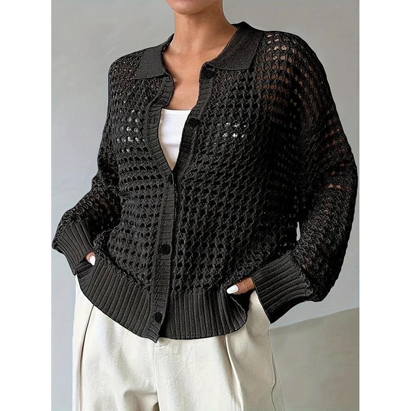 Women's Plus Size Cardigan Lightweight Hollow Out V-Neck Button Down Long Sleeve Knit Coat, 0XL-4XL