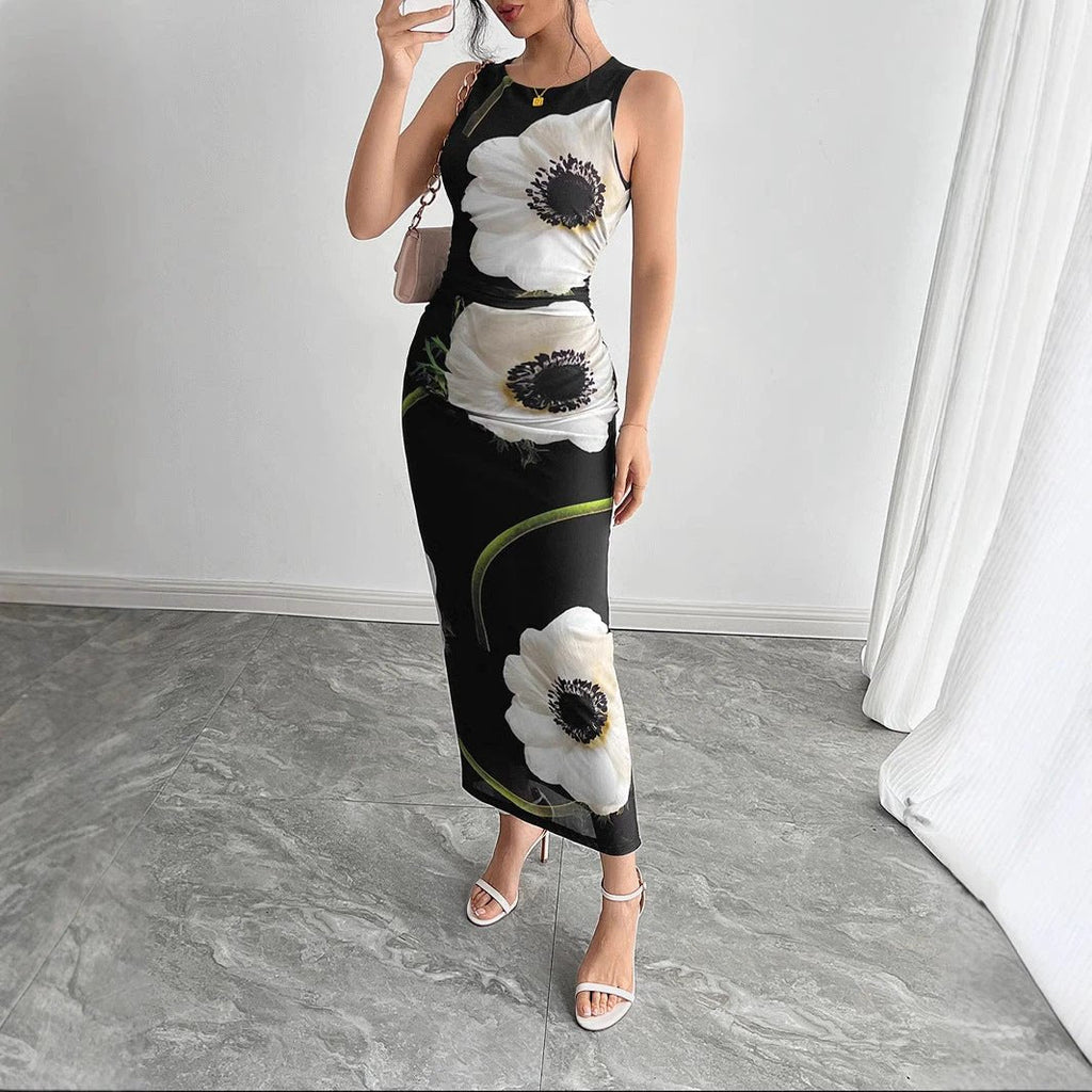 Women's Black Mesh Floral Print Sleeveless Dress Long Dress