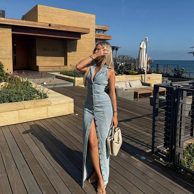 Light Blue Sexy Button Denim Dress