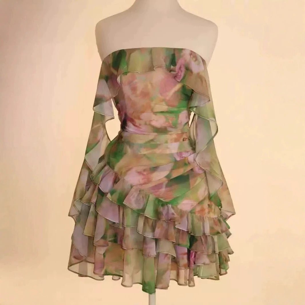 Chiffon Printed Ruffles Tube Dress