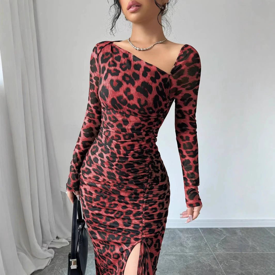 New Women's irregular V-Neck Long Sleeve Sexy Leopard Print Dress