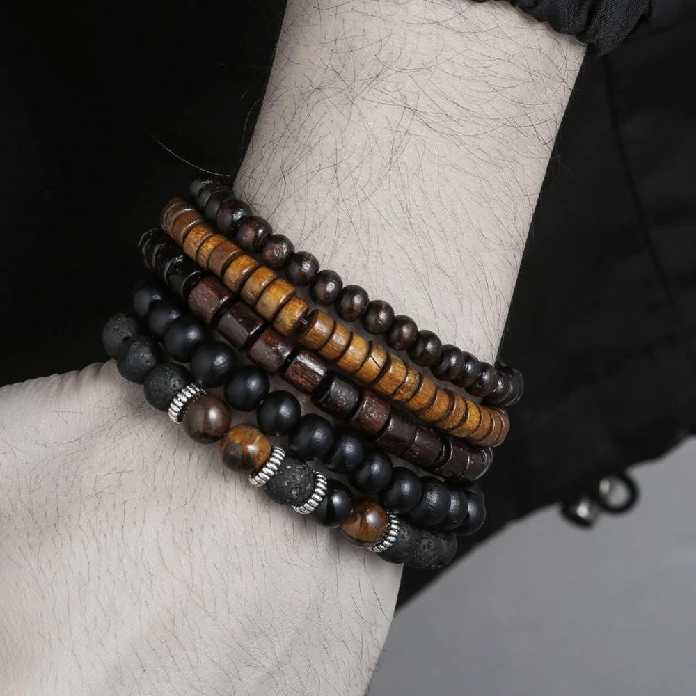 Retro Men's Coconut Wood Multi-Layer Stackable Bracelet Set