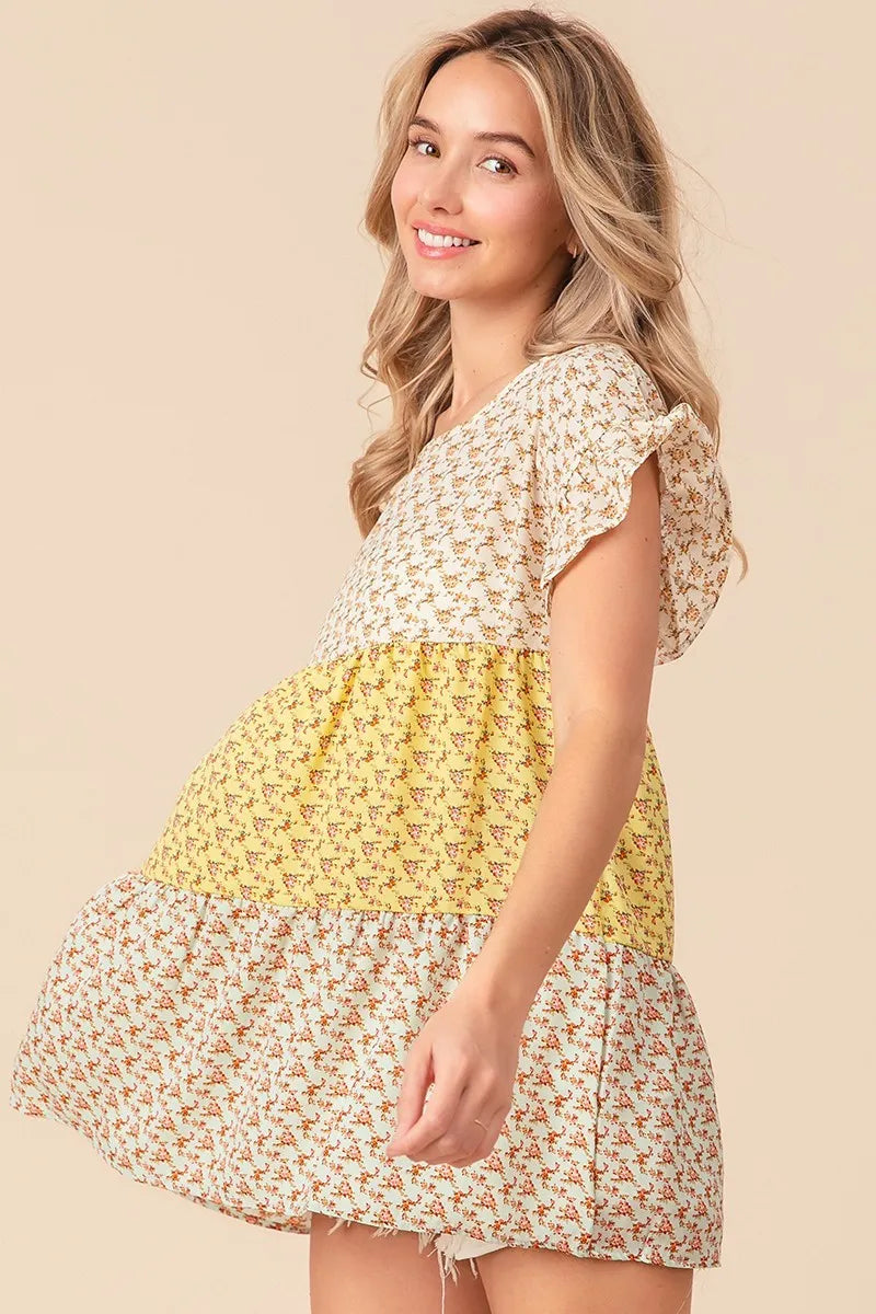 BiBi Flroal Printed Woven Color Block and Tiered Top