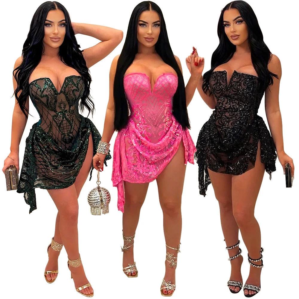 European And American Sexy V-neck Tube Top See-through Sequins Dress Women