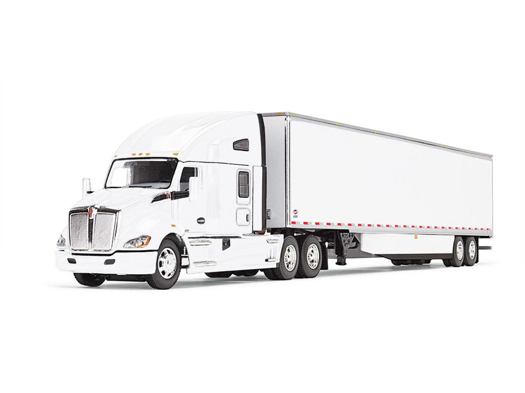Kenworth T680 with 76" High Roof Sleeper and 53' Smooth Sided Dry Goods Trailer White 1/64 Diecast Model by DCP/First Gear