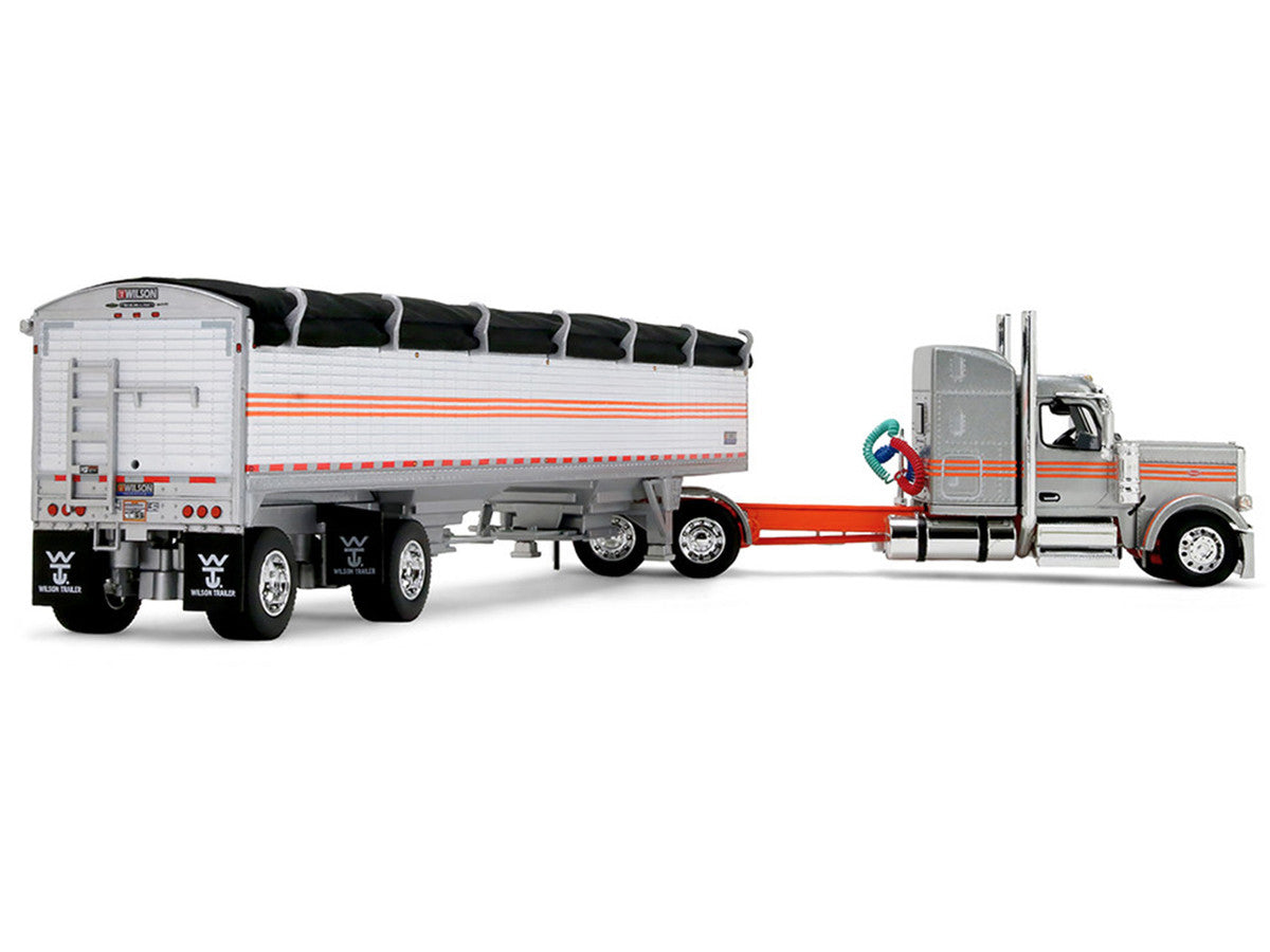 Peterbilt 589 with 58" Mid-Roof Sleeper and 50' Wilson Pacesetter Grain Trailer Silver Metallic with Orange Stripes 1/64 Diecast Model by DCP/First Gear