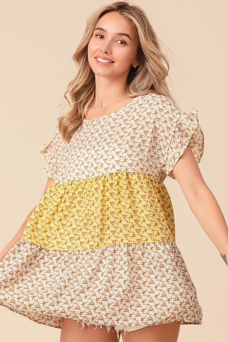 BiBi Flroal Printed Woven Color Block and Tiered Top