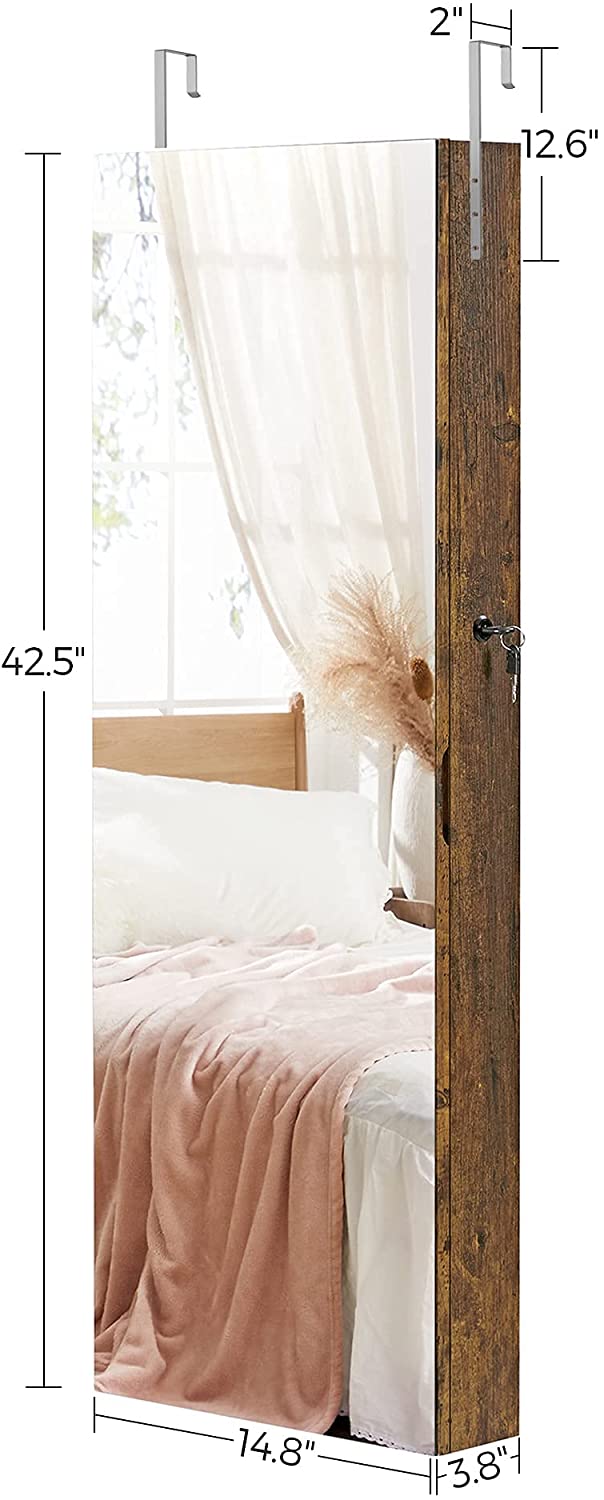 Mirror Jewelry Cabinet Armoire, Lockable Wall-Mounted Storage Organizer Unit