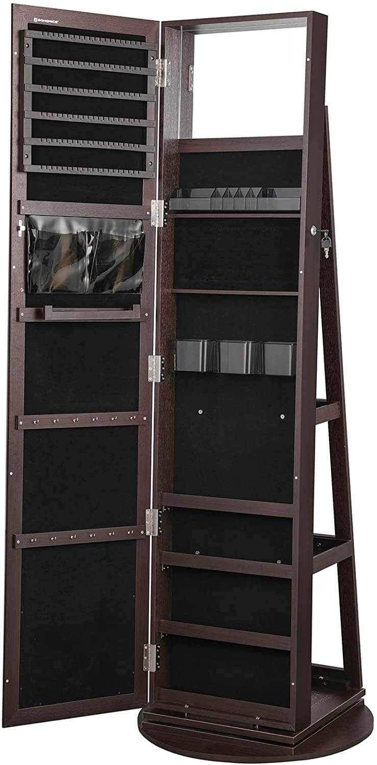 360° Swivel Jewelry Cabinet, Lockable Jewelry Organizer with Full-Length Mirror, Rear Storage Shelves