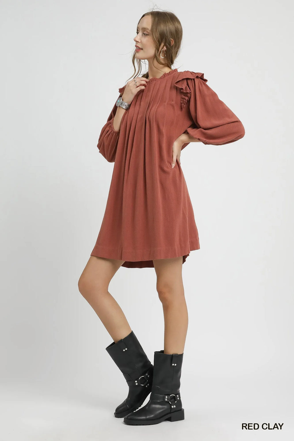 Umgee Linen Ruffle Shoulder Pleated Babydoll Dress