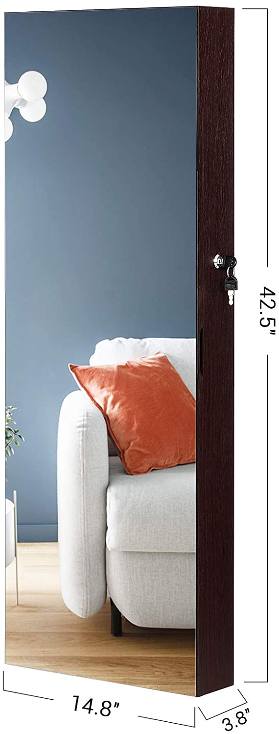 Mirror Jewelry Cabinet Armoire, Lockable Wall-Mounted Storage Organizer Unit with 2 Cosmetic Storage Trays