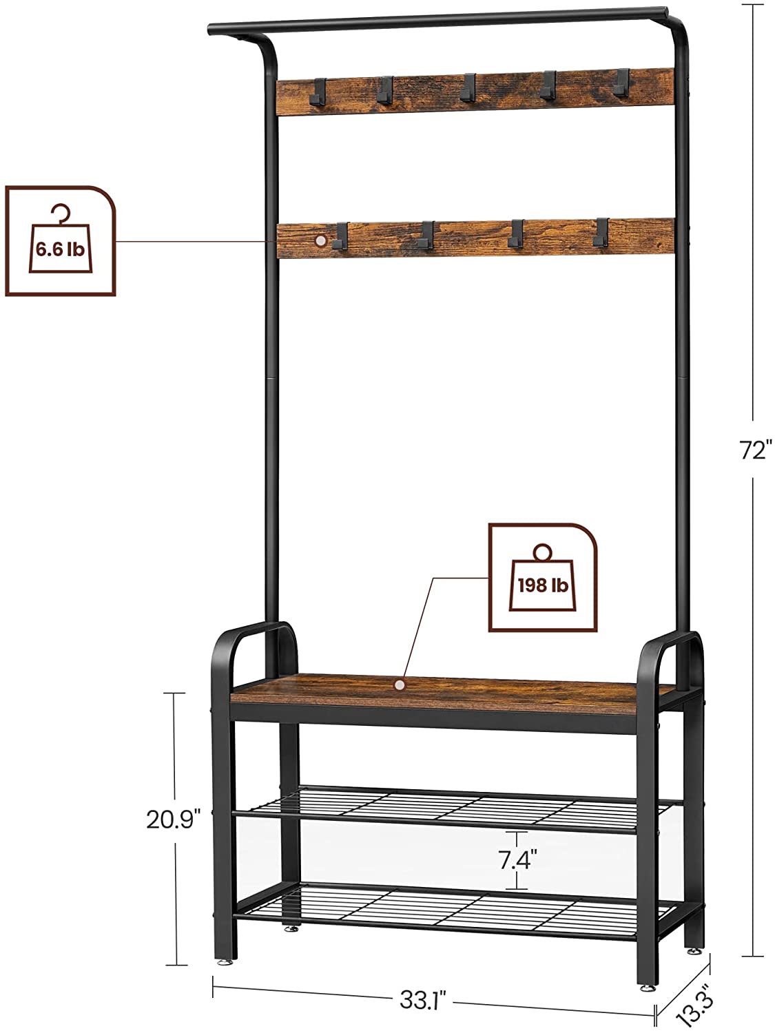 Coat Rack, Hall Tree with Shoe Bench for Entryway, Industrial Accent Furniture with Steel Frame