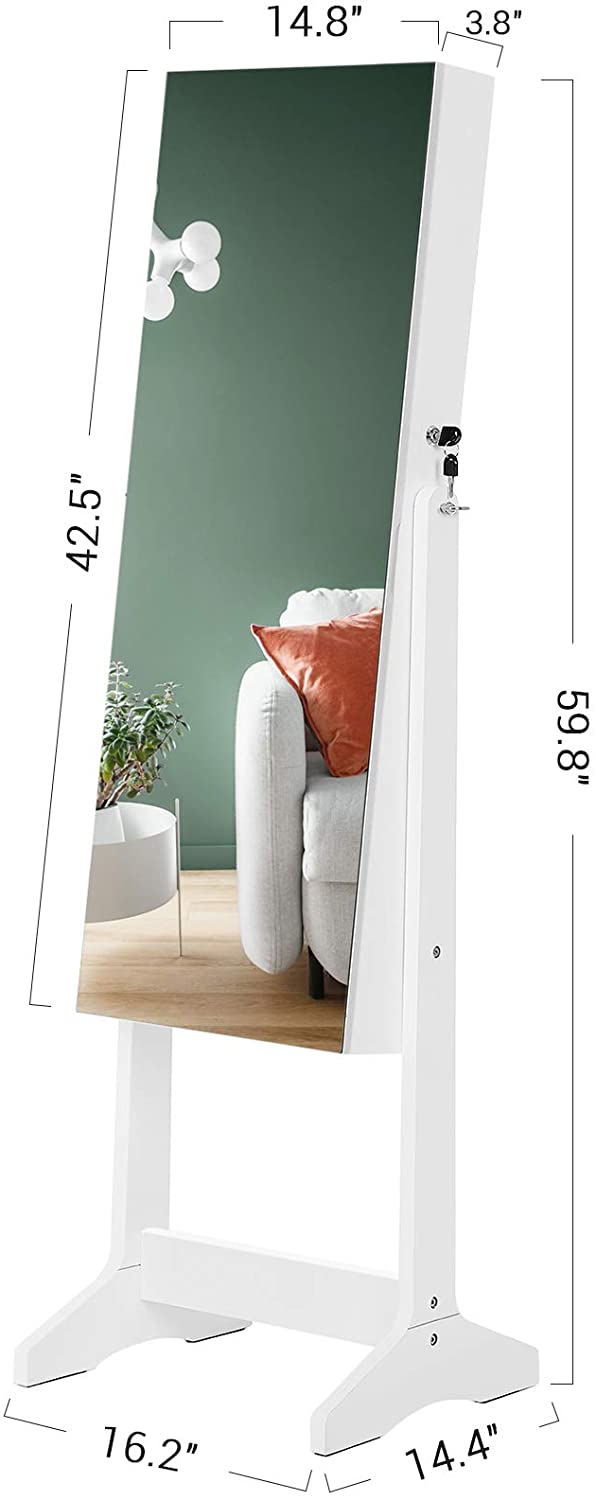 Mirror Jewelry Cabinet Armoire, Freestanding Lockable Storage Organizer Unit with 2 Plastic Cosmetic Storage