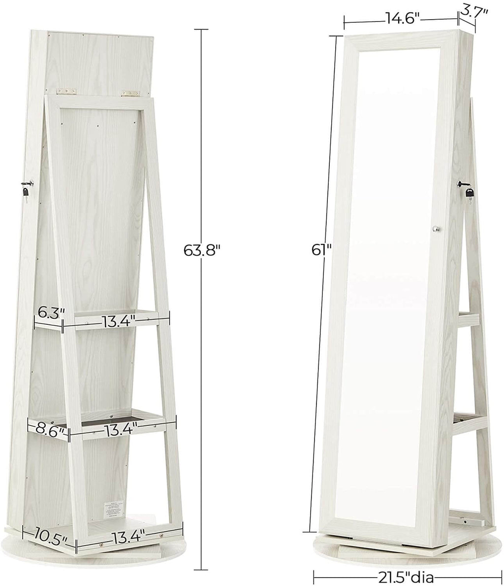 360° Swivel Jewelry Cabinet, Lockable Jewelry Organizer with Full-Length Mirror, Rear Storage Shelves