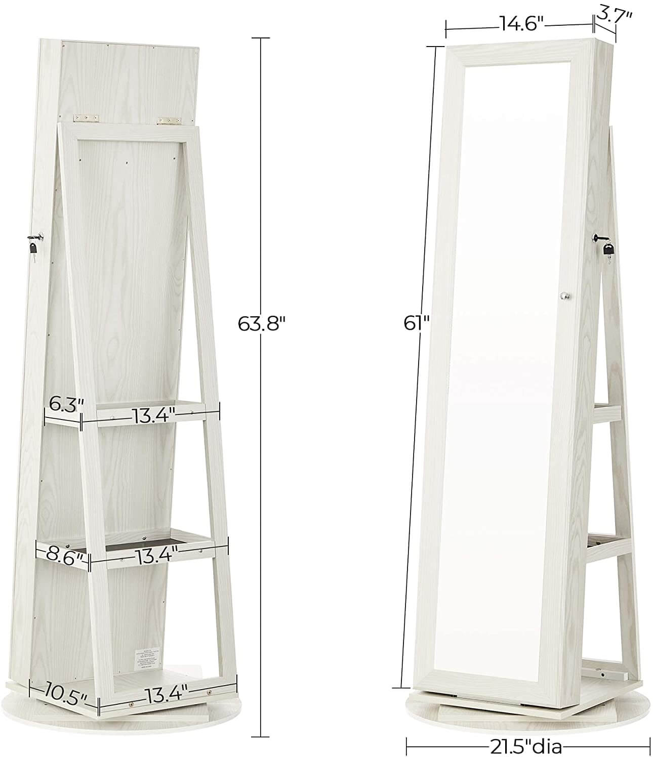 360° Swivel Jewelry Cabinet, Lockable Jewelry Organizer with Full-Length Mirror, Rear Storage Shelves