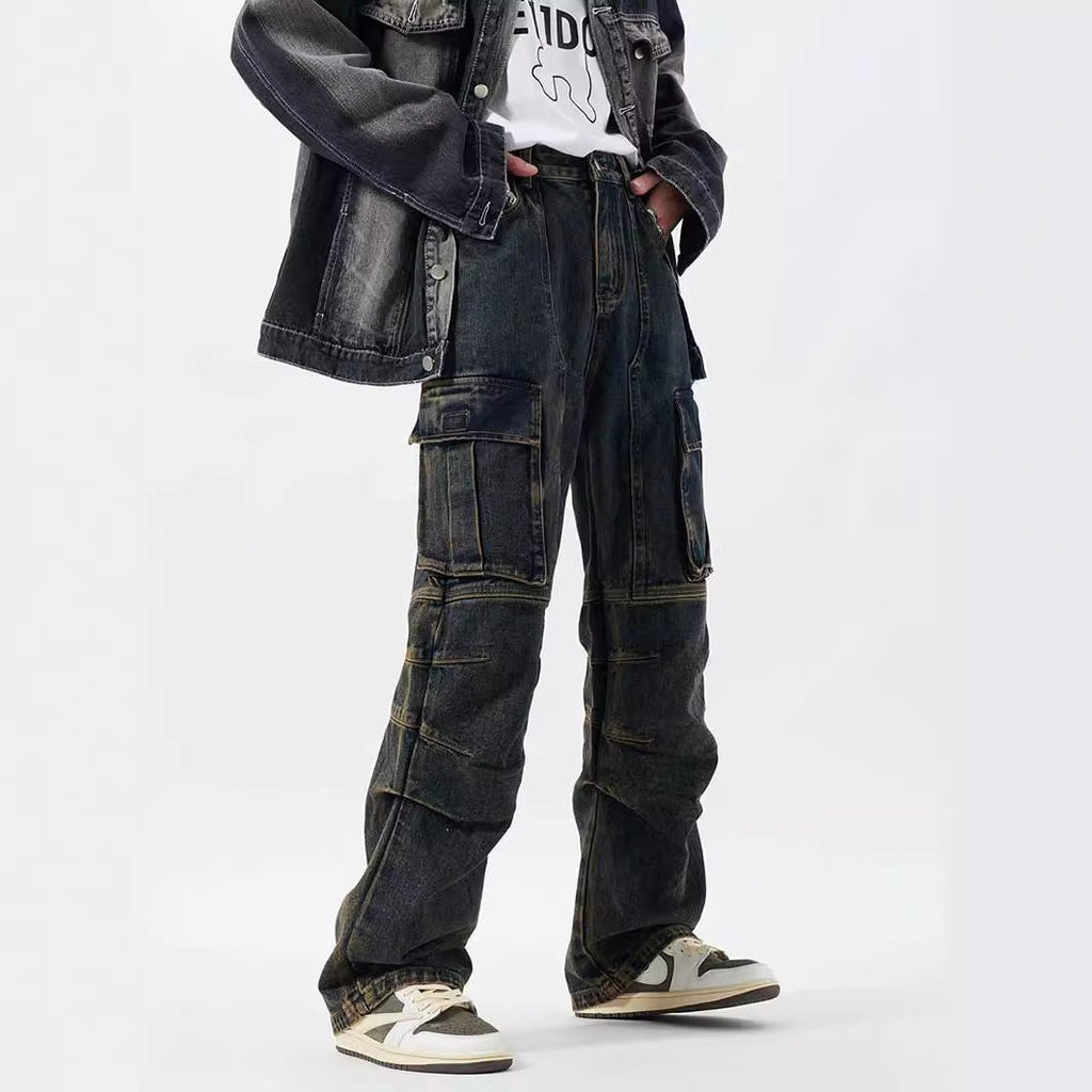 Washed Distressed Multi-pocket Jeans Wide-leg Straight Trousers