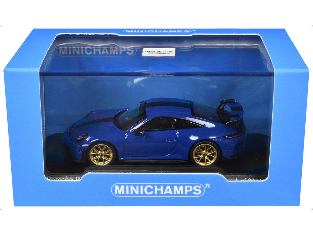 2025 Porsche 911 (992.2) GT3 Weissach Package Blue with Carbon Stripe Limited Edition to 240 pieces Worldwide 1/64 Diecast Model Car by Minichamps