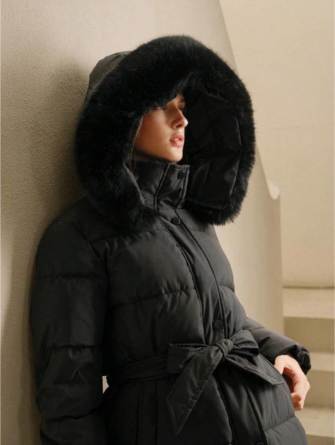 Anewsta Women's Solid Color Long Sleeve Zip Up Hooded Padded Coat With Faux Fur Trim
