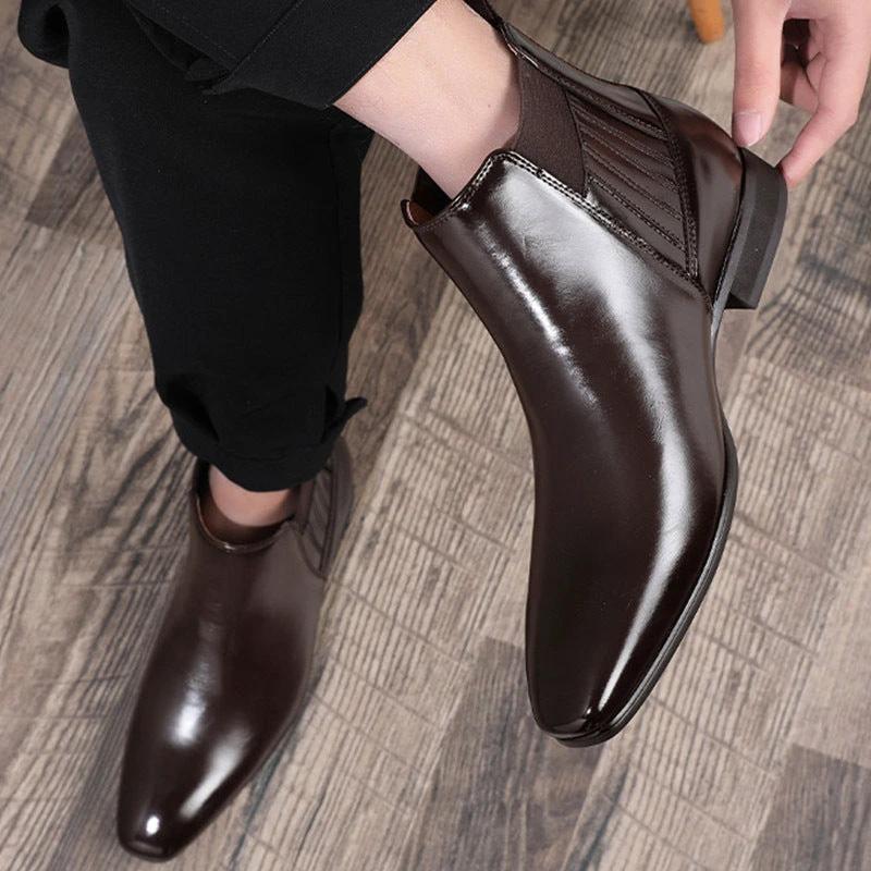 Men's Pointed Toe Chelsea-style Boots Square Heel Business Formal Leather Shoes