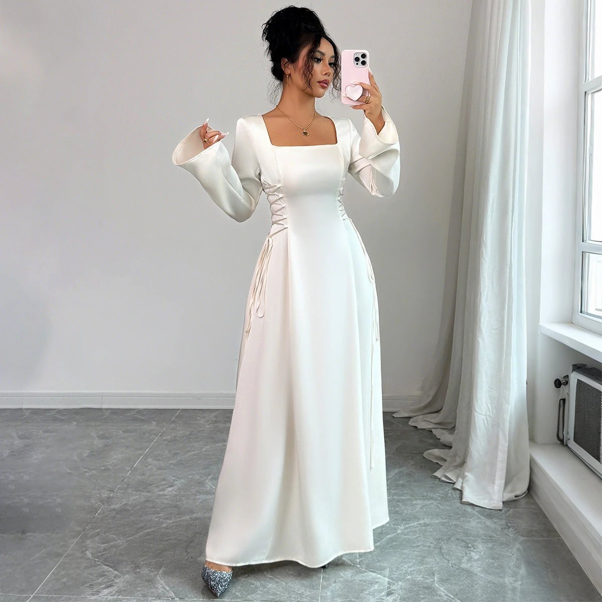 Elegant Solid Color Long Sleeve Dress Women's Clothing