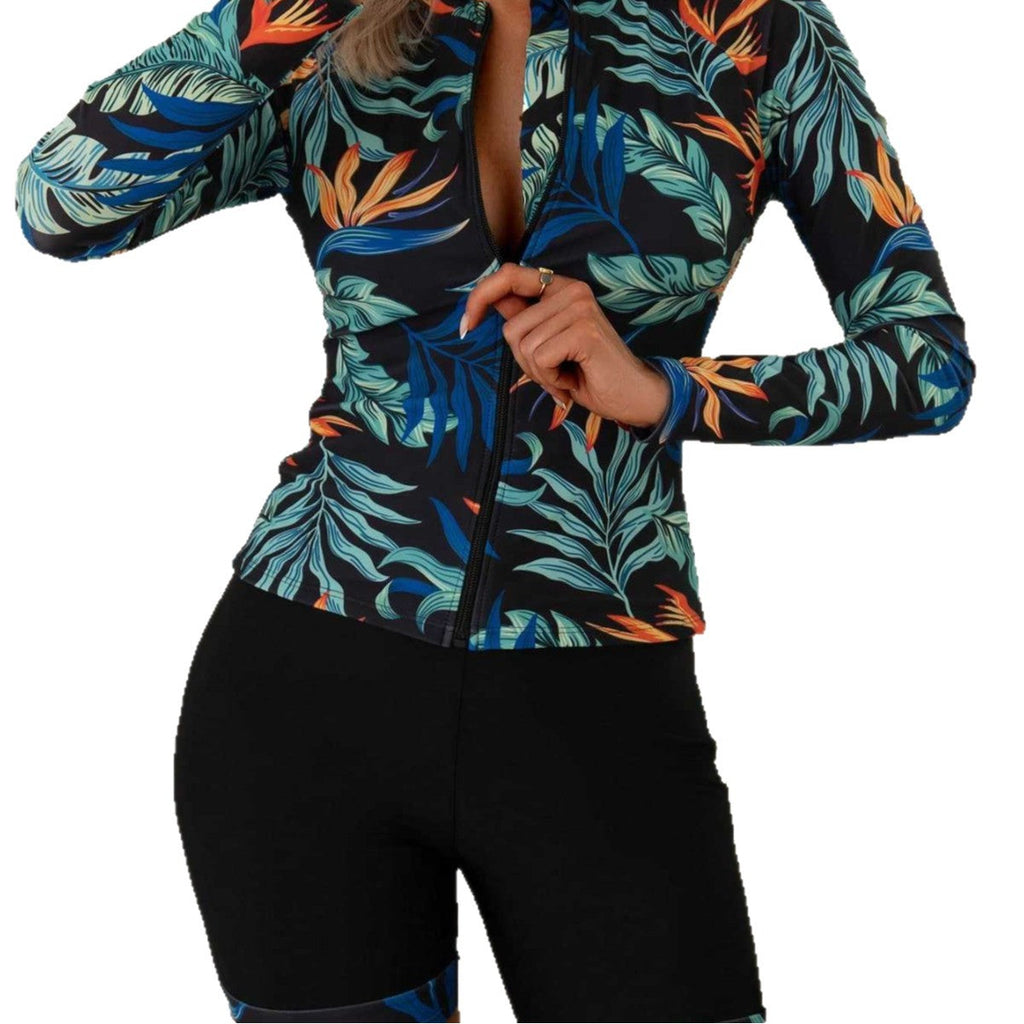 Swimsuit women's split flat leg pants long sleeved zipper
