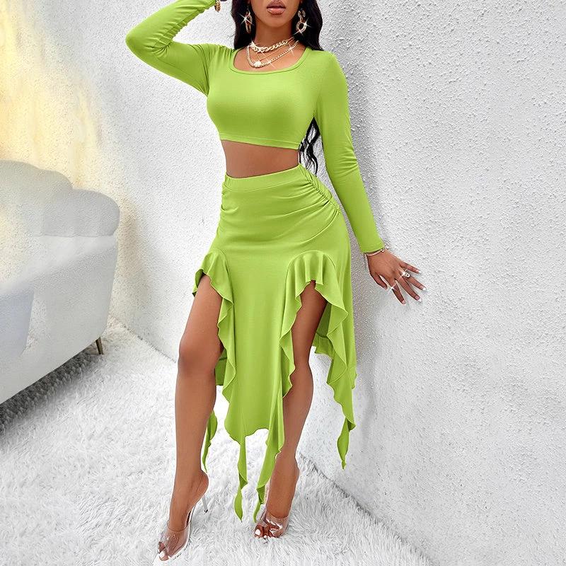 Women's Long Sleeve Round Neck Pleated Dress Suit - Solid Color Elegant Ruffle Outfit