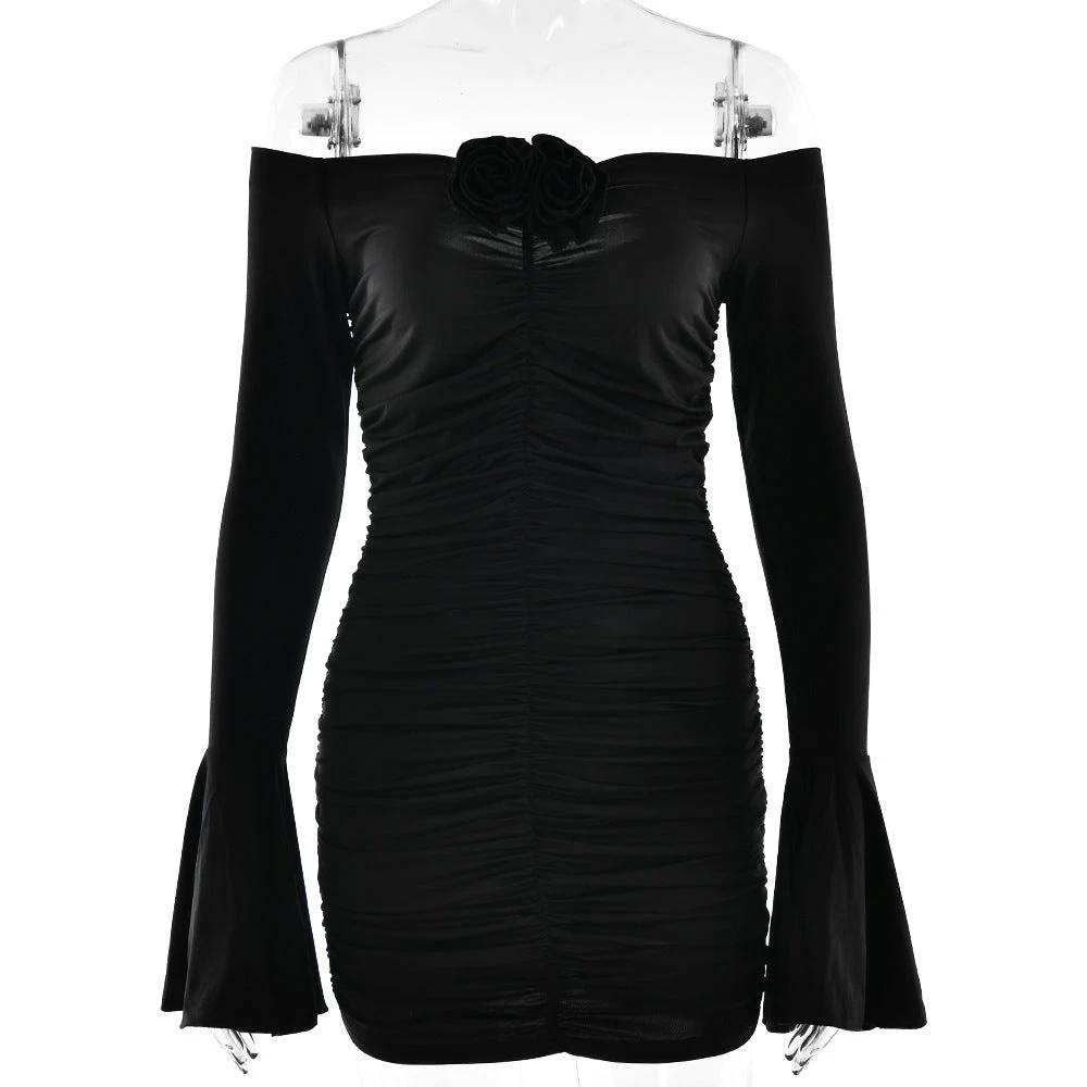 Tube Top Off-neck Sheath Lady Sexy Hot Girl Pleated Long Sleeve Dress
