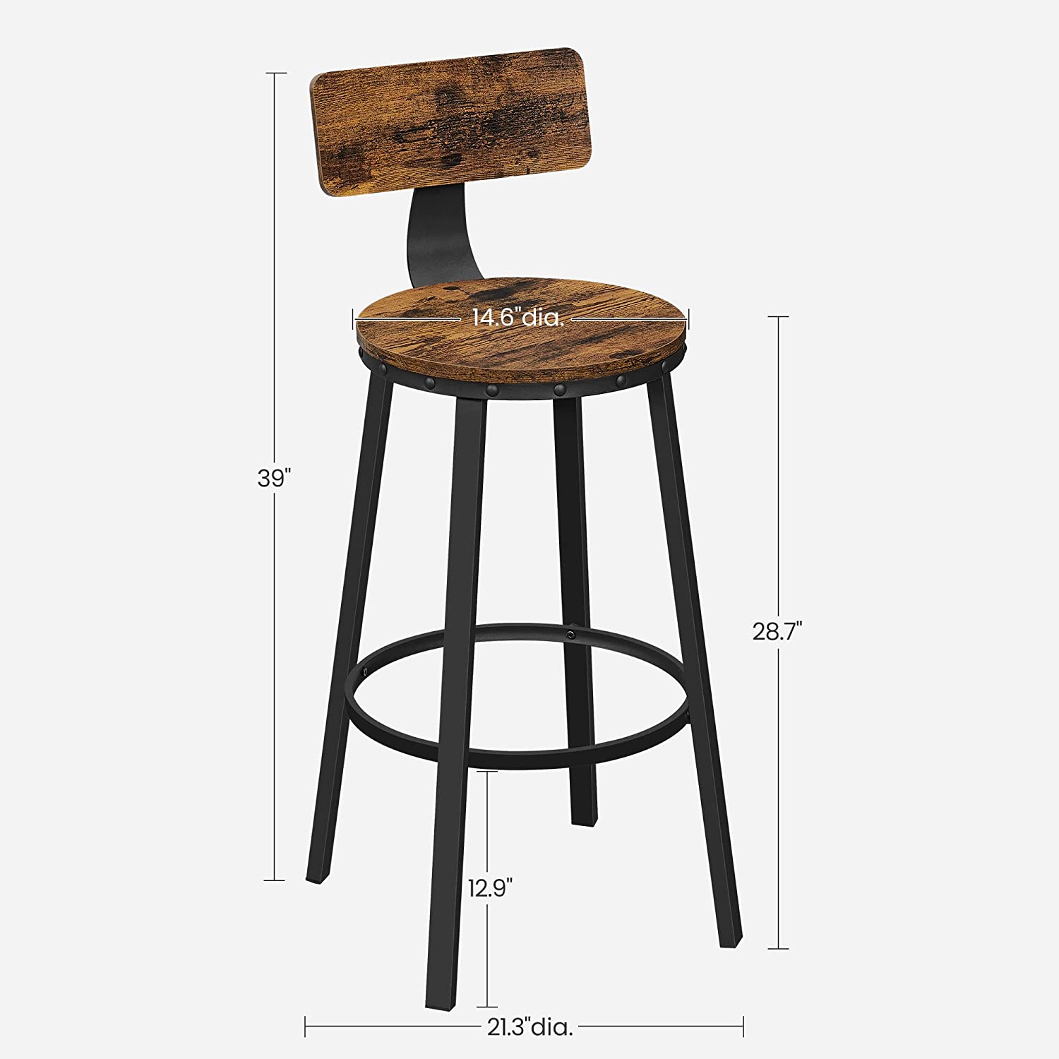 Tall Bar Stools, Set of 2 Bar Chairs, Kitchen Stools with Backrest, Steel Frame, 28.7-Inch High Seat