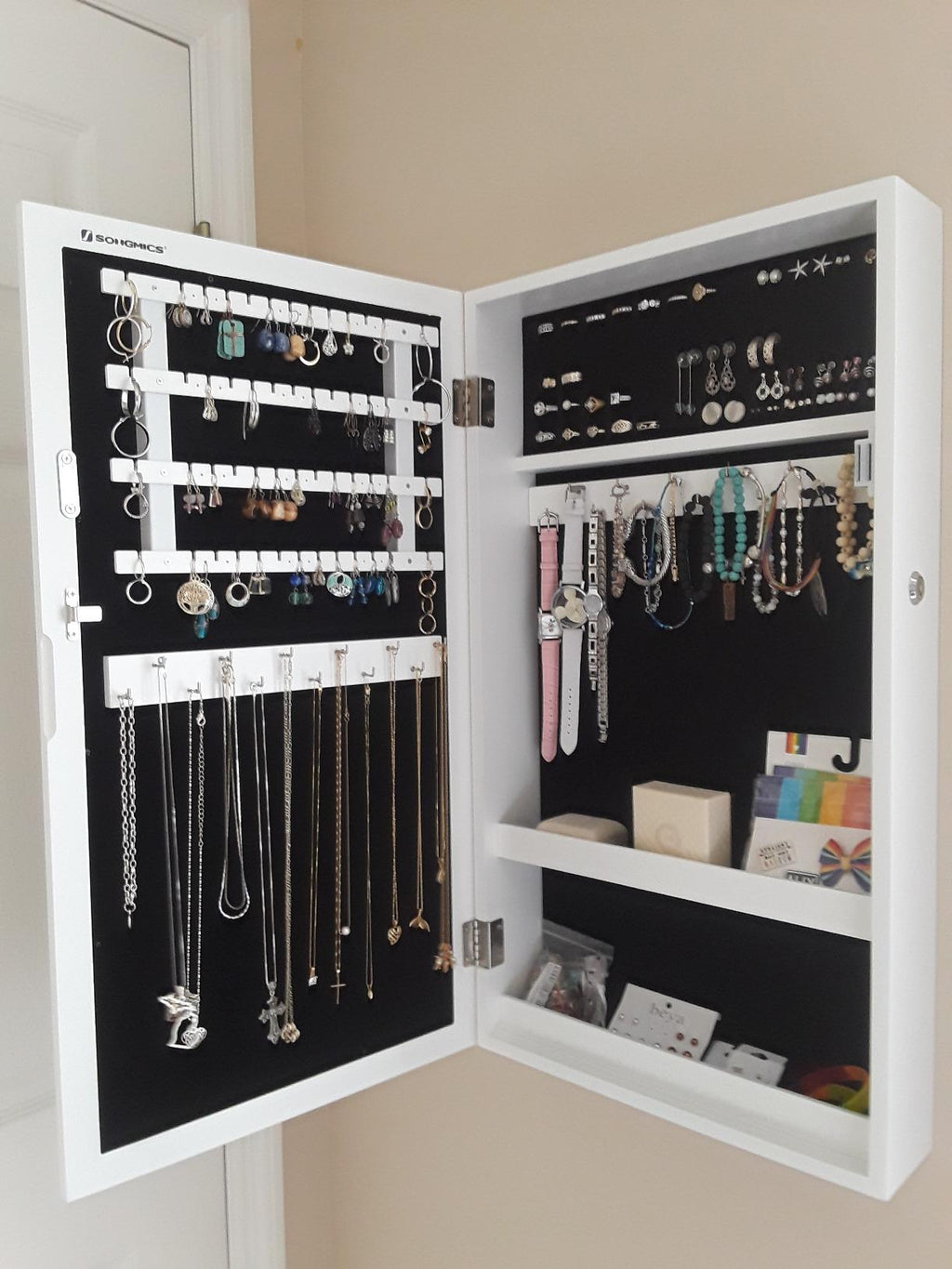 Lockable Jewelry Cabinet Armoire with Mirror, Wall-Mounted Space Saving Jewelry Storage Organizer, Rustic Brown