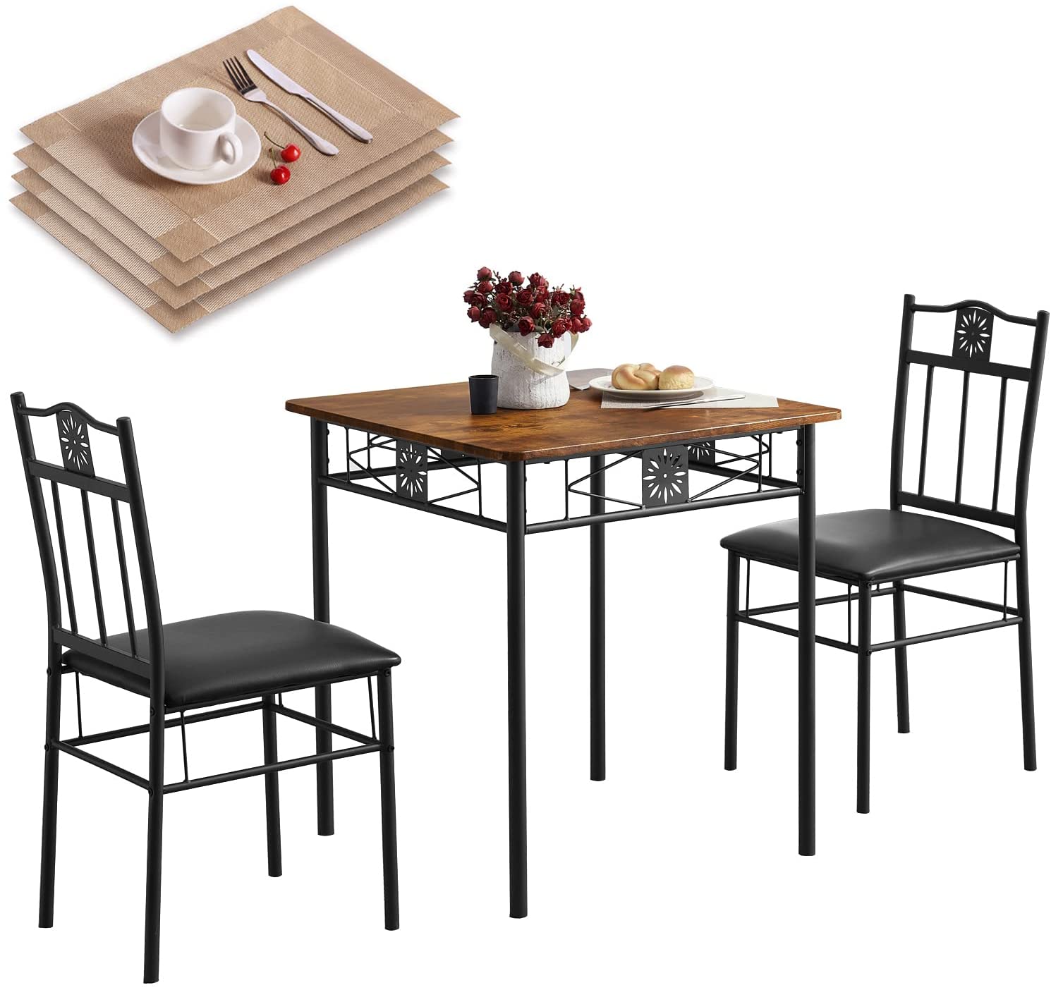 Kitchen Dining Room Table and Cushion Chairs, Dinette Sets, Space Saving, Retro Brown