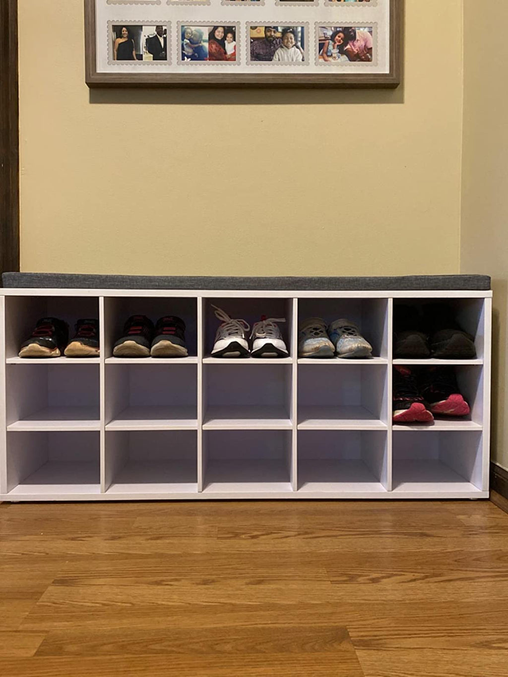 Shoe Bench with Cushion, 15-Cube Storage Bench, Holds up to 440 lb