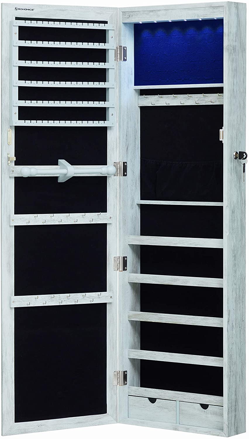 6 LEDs Jewelry Cabinet, Lockable Wall/Door Mounted Jewelry Armoire Organizer with Mirror and 2 Drawers