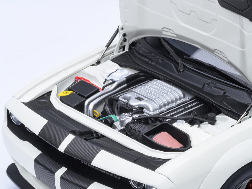 2023 Dodge Challenger SRT Super Stock Knuckle White with Carbon Stripes 1/18 Model Car by Autoart