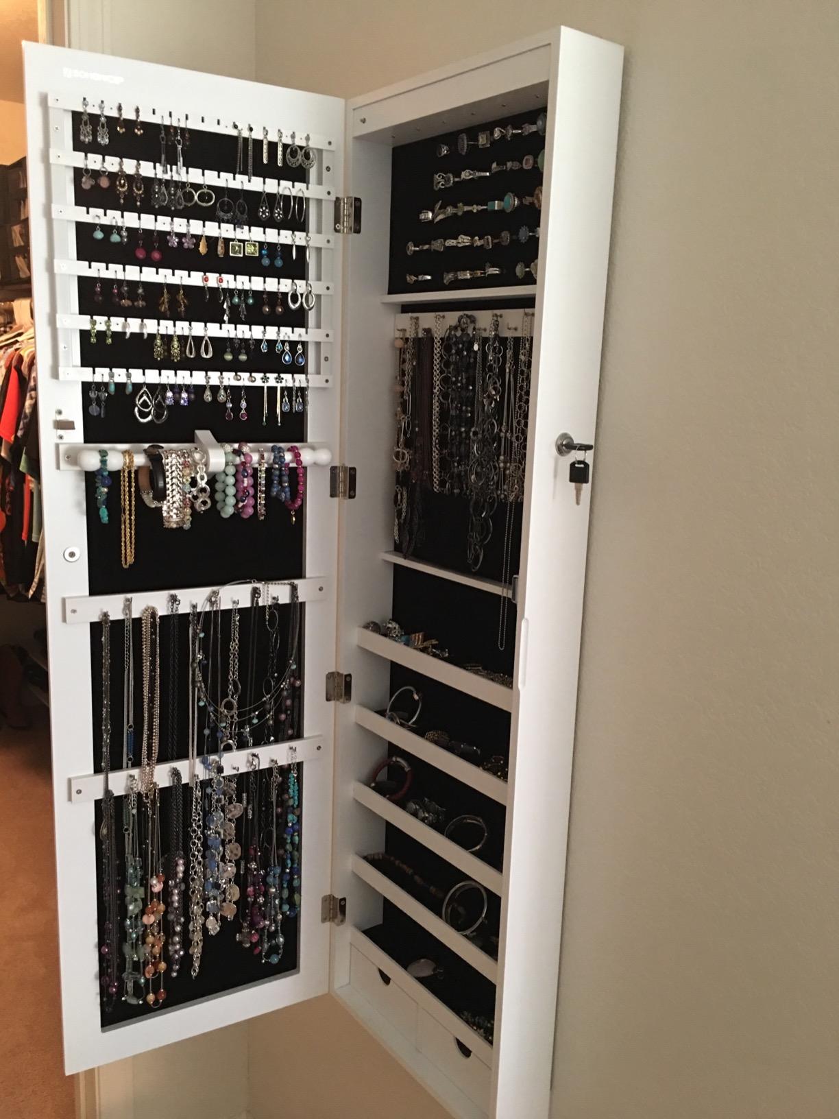 47" H Full Screen Mirrored Jewelry Cabinet Armoire, 6 LEDs Jewelry Organizer Wall Hanging/Door Mounted, Larger Capacity