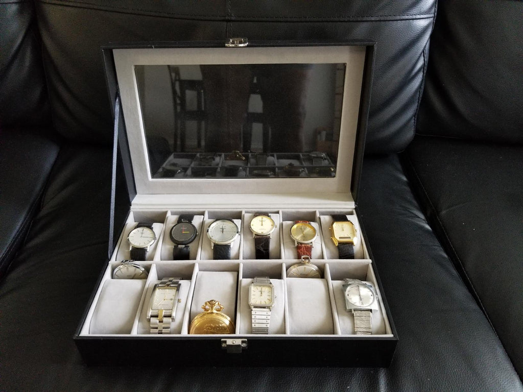12-Slot Watch Box, Watch Holder with Glass Lid, Watch Case with Removable Watch Pillow, Watch Display, Black Synthetic Leather