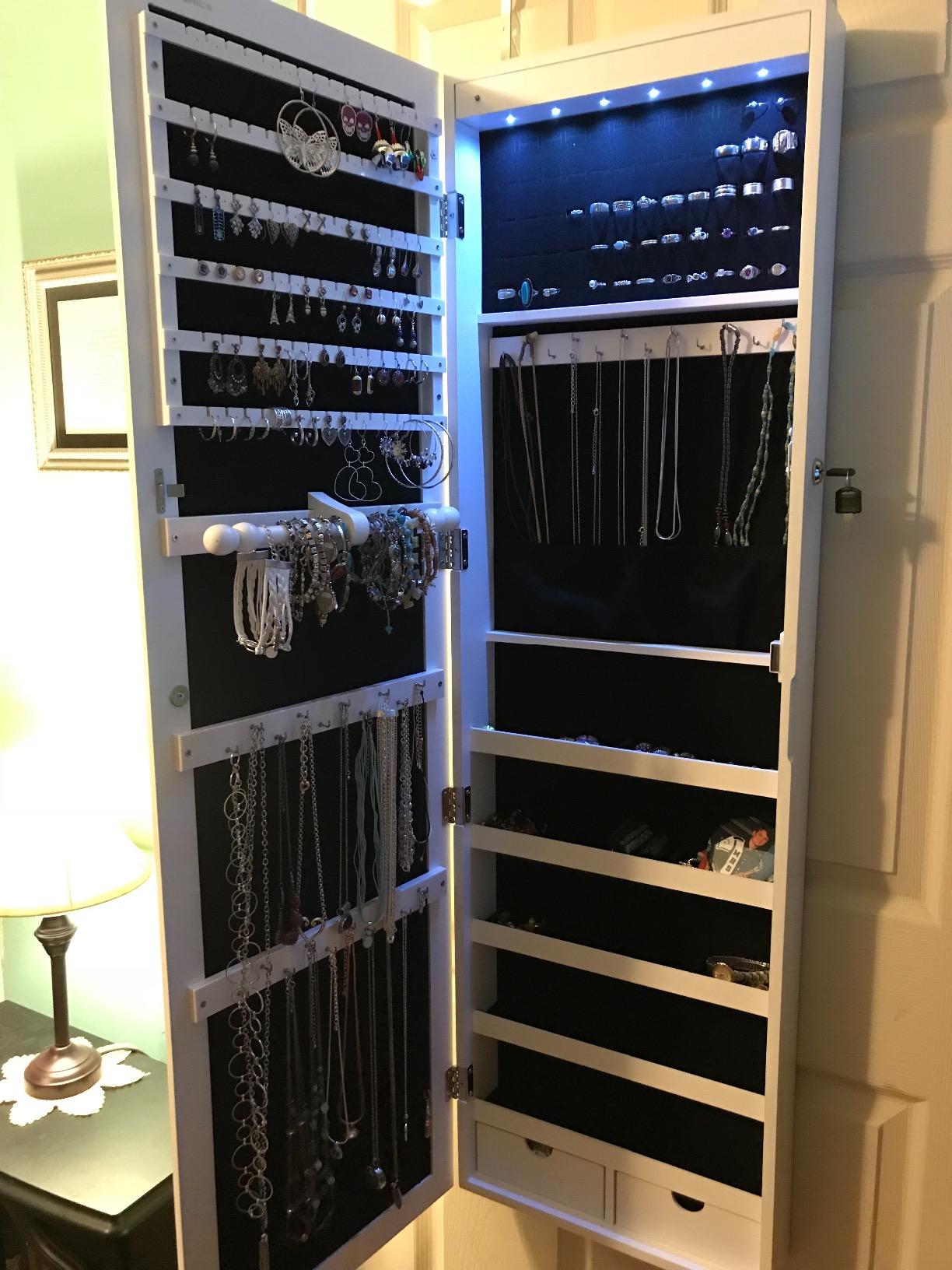 6 LEDs Jewelry Cabinet, Lockable Wall/Door Mounted Jewelry Armoire Organizer with Mirror and 2 Drawers