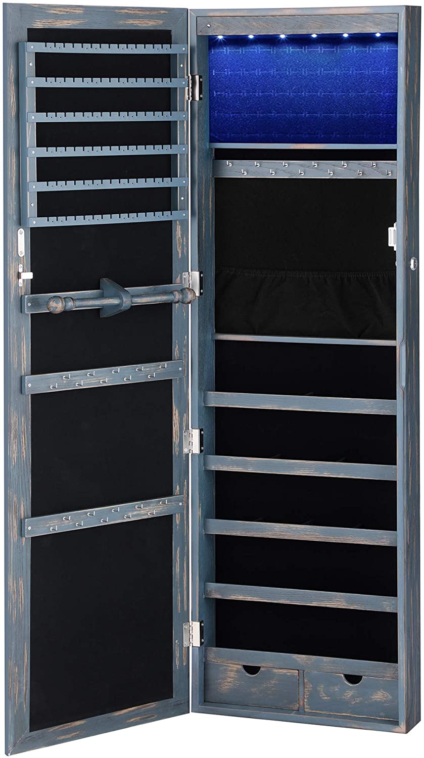 6 LEDs Jewelry Cabinet, Lockable Wall/Door Mounted Jewelry Armoire Organizer with Mirror and 2 Drawers