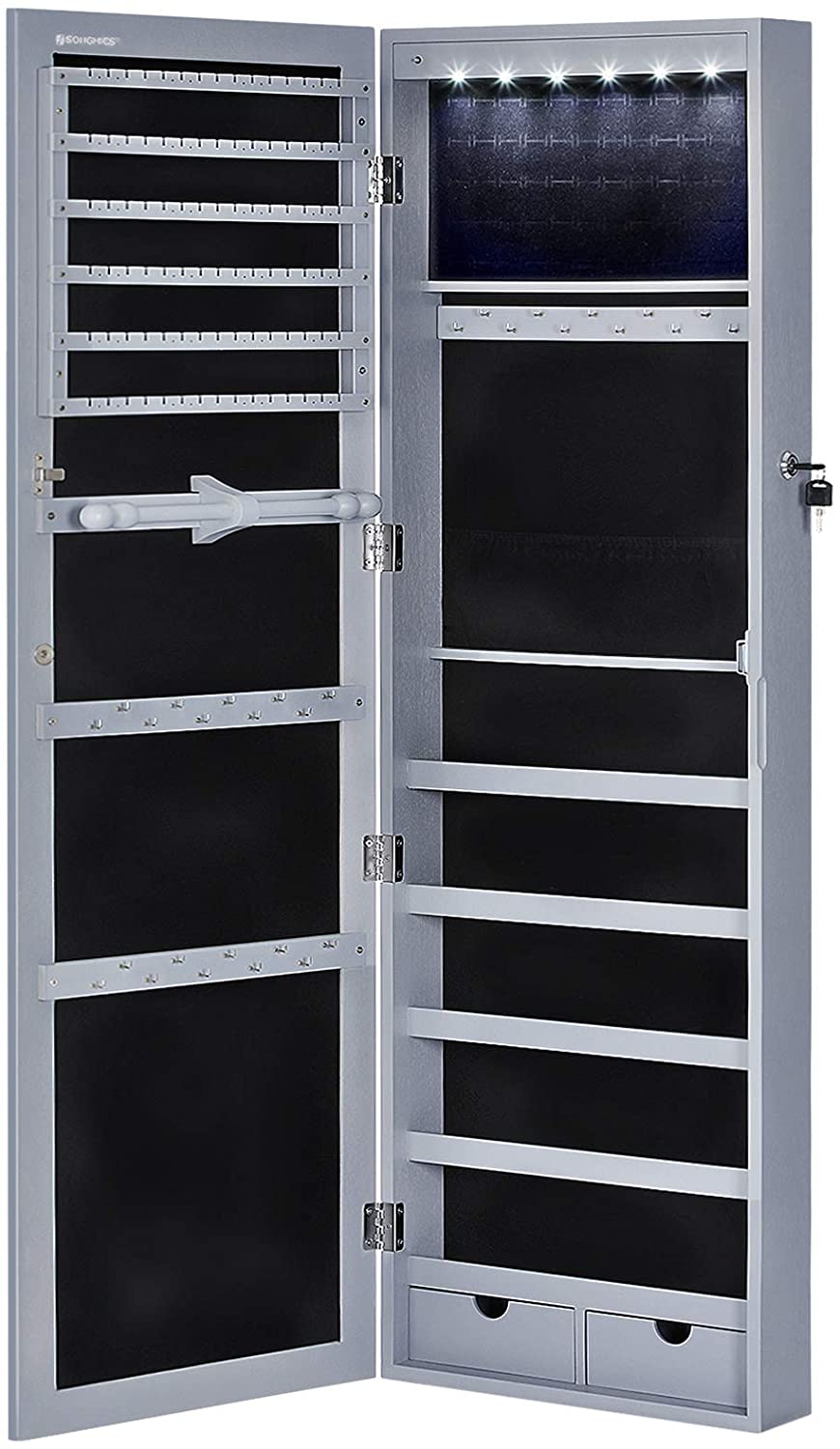 6 LEDs Jewelry Cabinet, Lockable Wall/Door Mounted Jewelry Armoire Organizer with Mirror and 2 Drawers