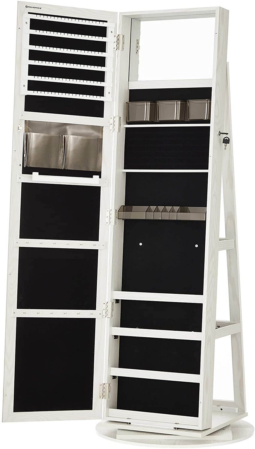 360° Swivel Jewelry Cabinet, Lockable Jewelry Organizer with Full-Length Mirror, Rear Storage Shelves