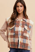 Women Brown Faux Fur Plaid Button-Up Jacket Soft Jacket For Girls Jacket With Closure