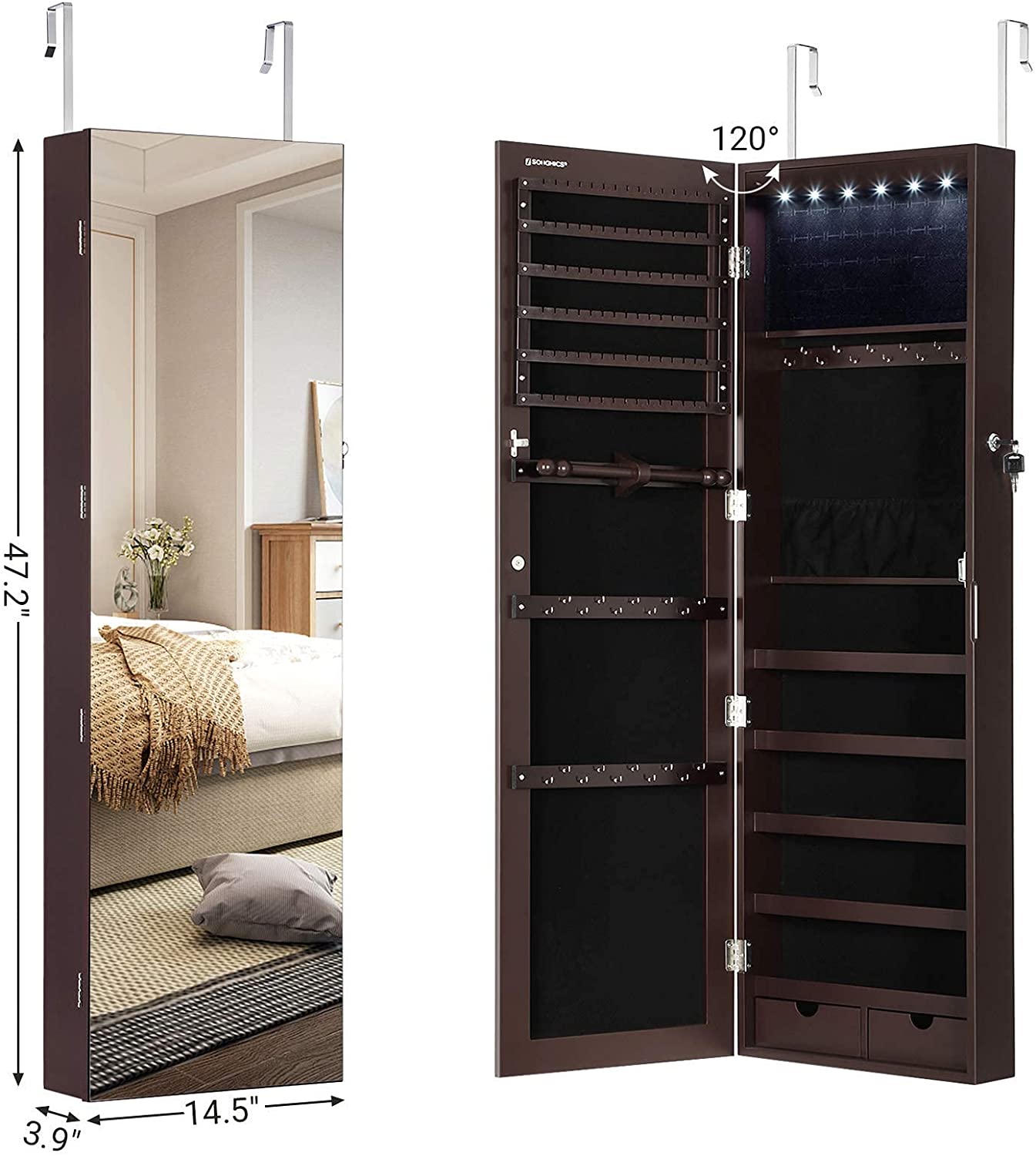47" H Full Screen Mirrored Jewelry Cabinet Armoire, 6 LEDs Jewelry Organizer Wall Hanging/Door Mounted, Larger Capacity